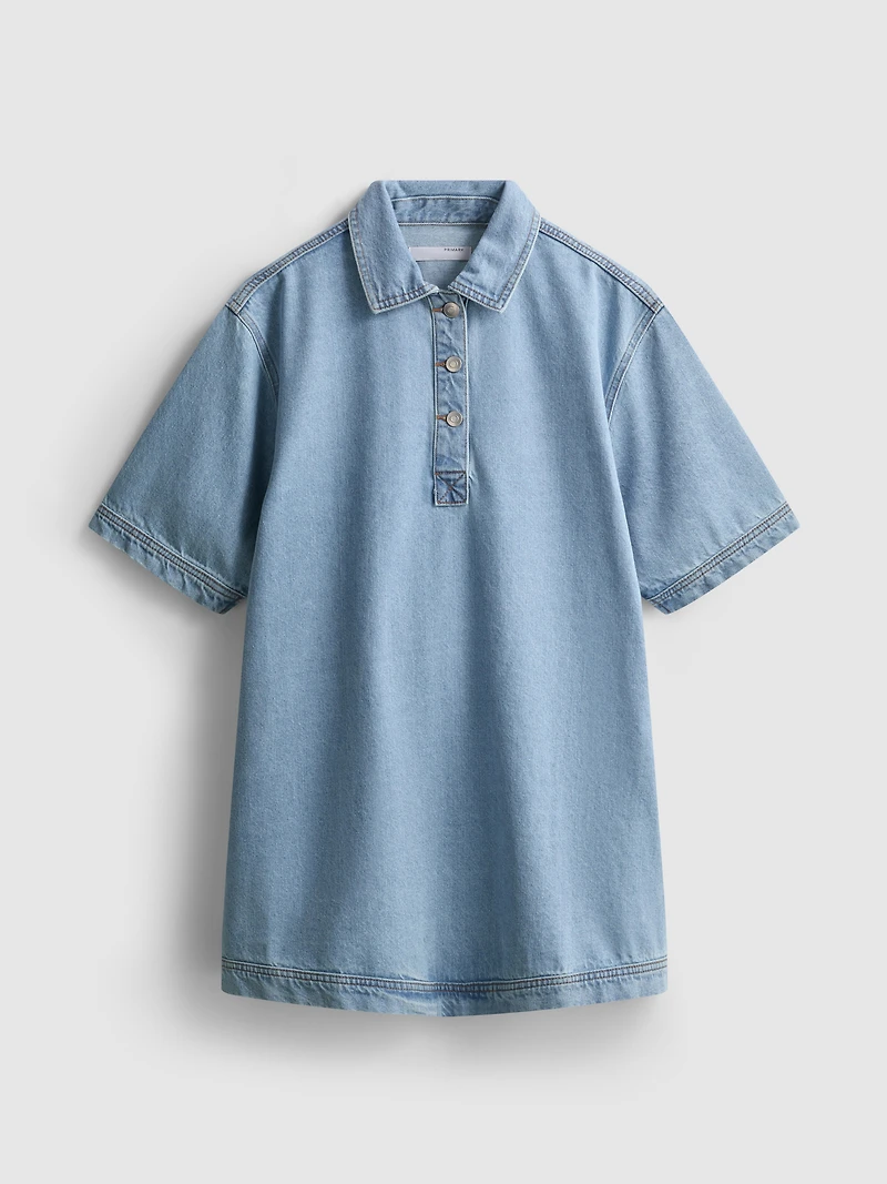 Cotton Denim Collared Mini Shift Dress