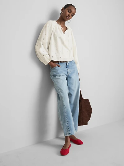 Embroidered Balloon-Sleeve Blouse