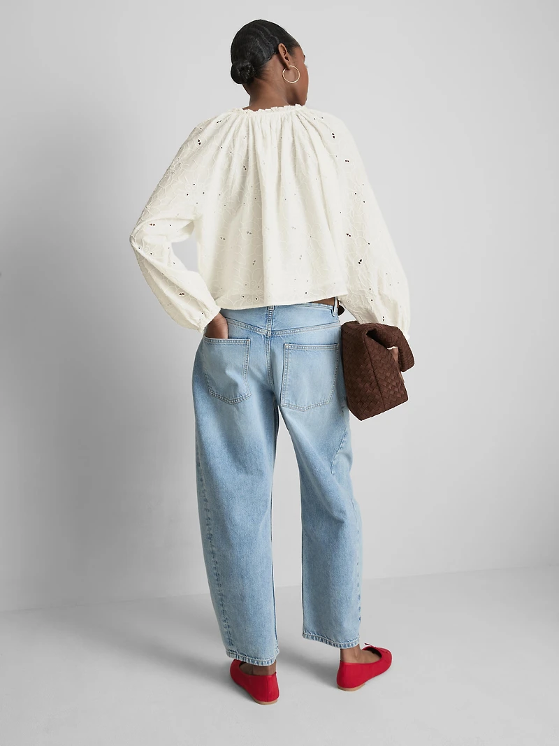 Embroidered Balloon-Sleeve Blouse