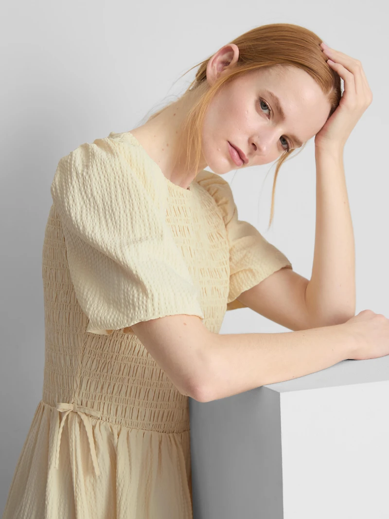 Shirred Seersucker Midi Dress