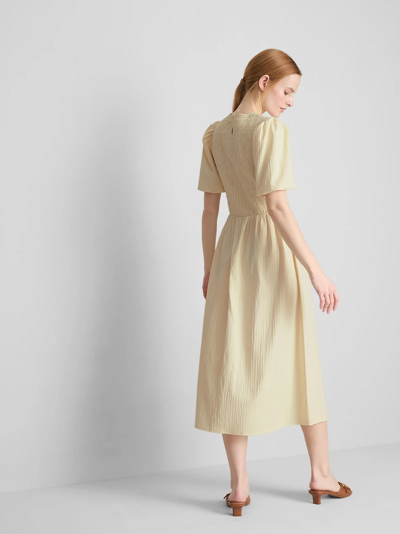 Shirred Seersucker Midi Dress