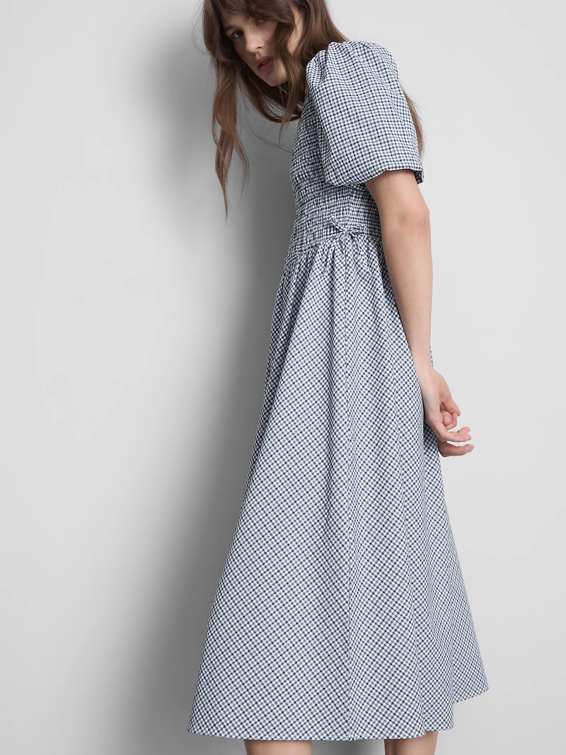 Shirred Seersucker Midi Dress