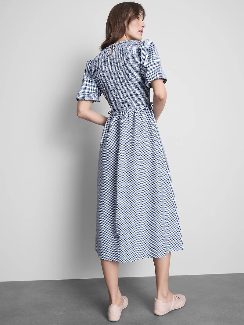 Shirred Seersucker Midi Dress