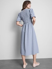 Shirred Seersucker Midi Dress