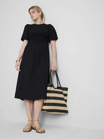 Shirred Seersucker Midi Dress
