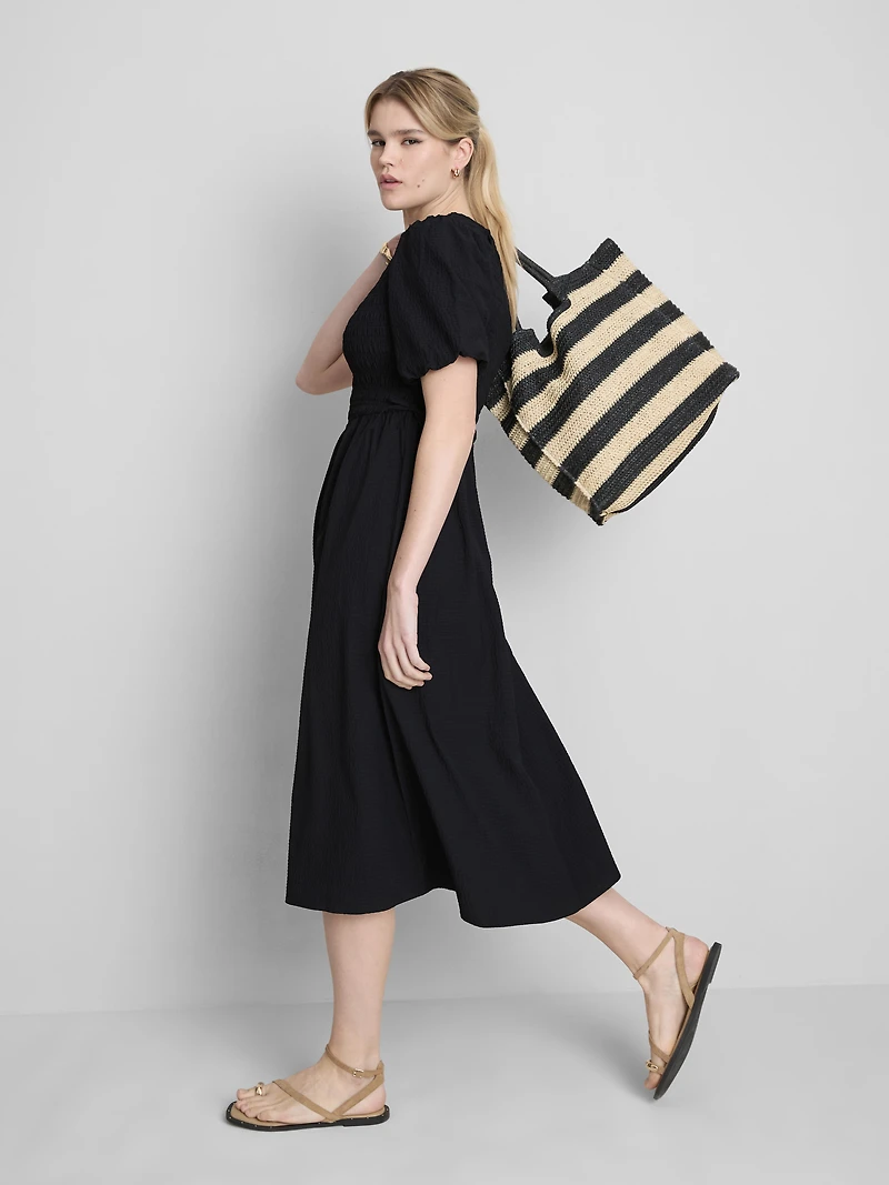 Shirred Seersucker Midi Dress