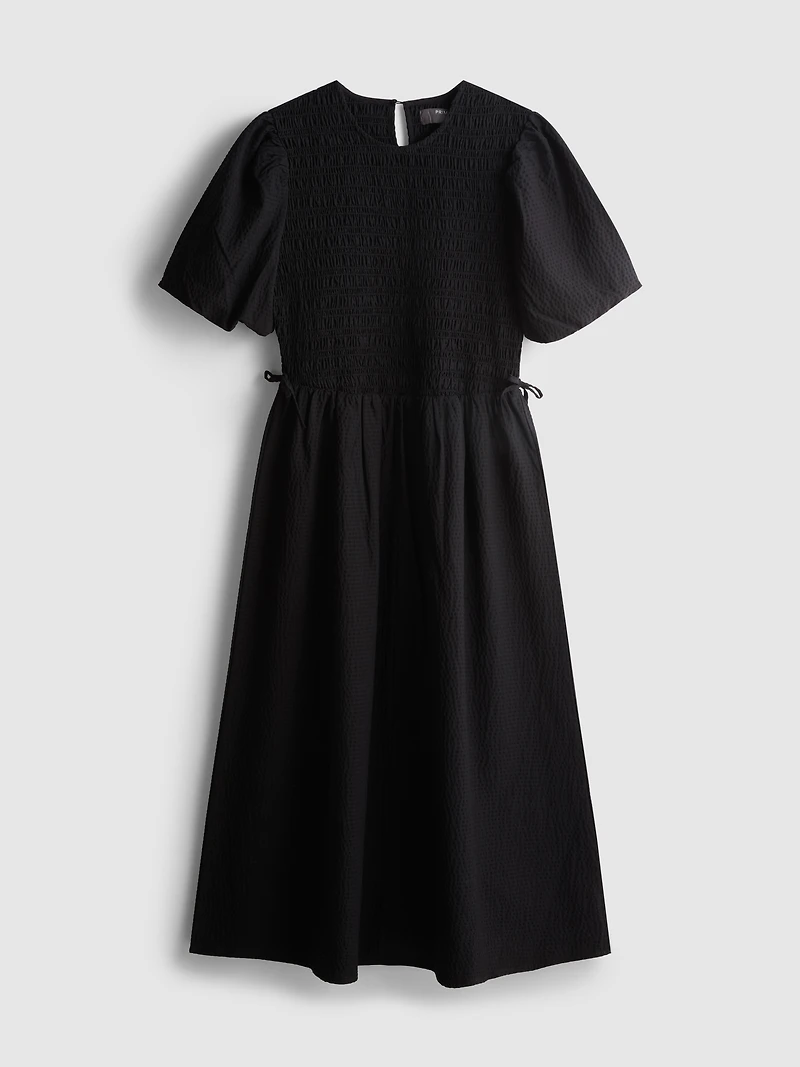 Shirred Seersucker Midi Dress