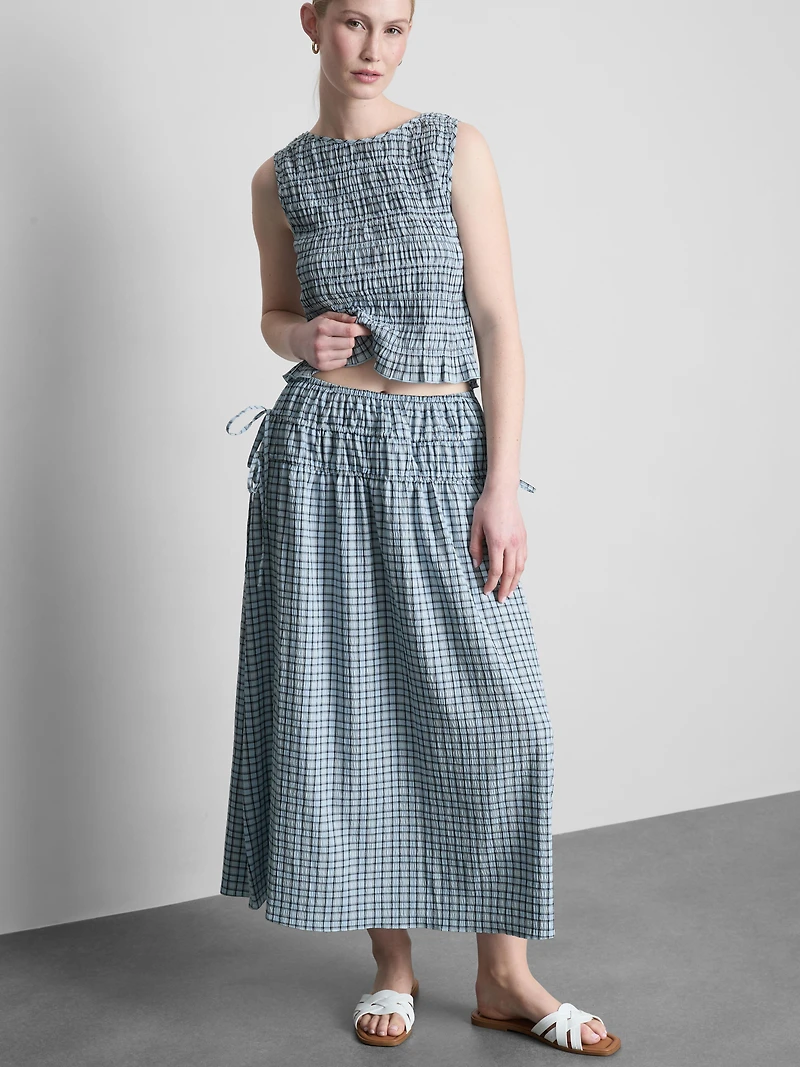 Gathered Check Midi Skirt