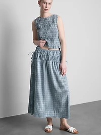 Gathered Check Midi Skirt