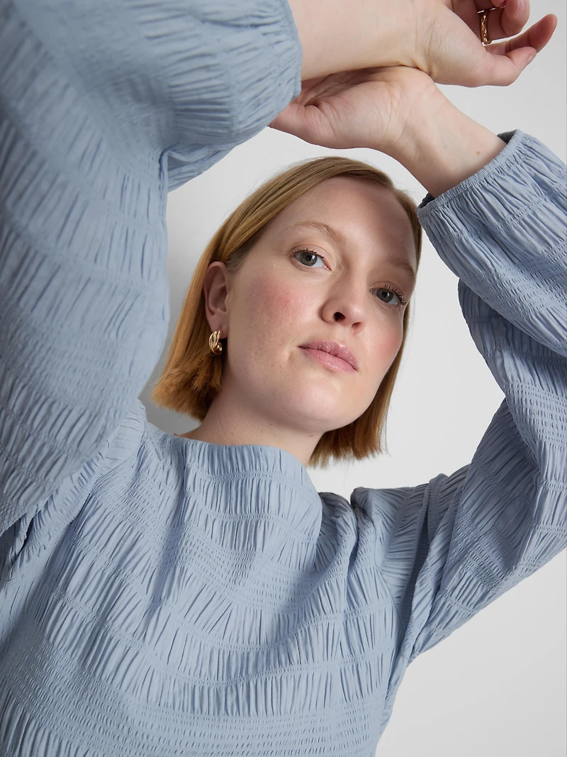 Shirred Boat Neck Long Sleeve Top