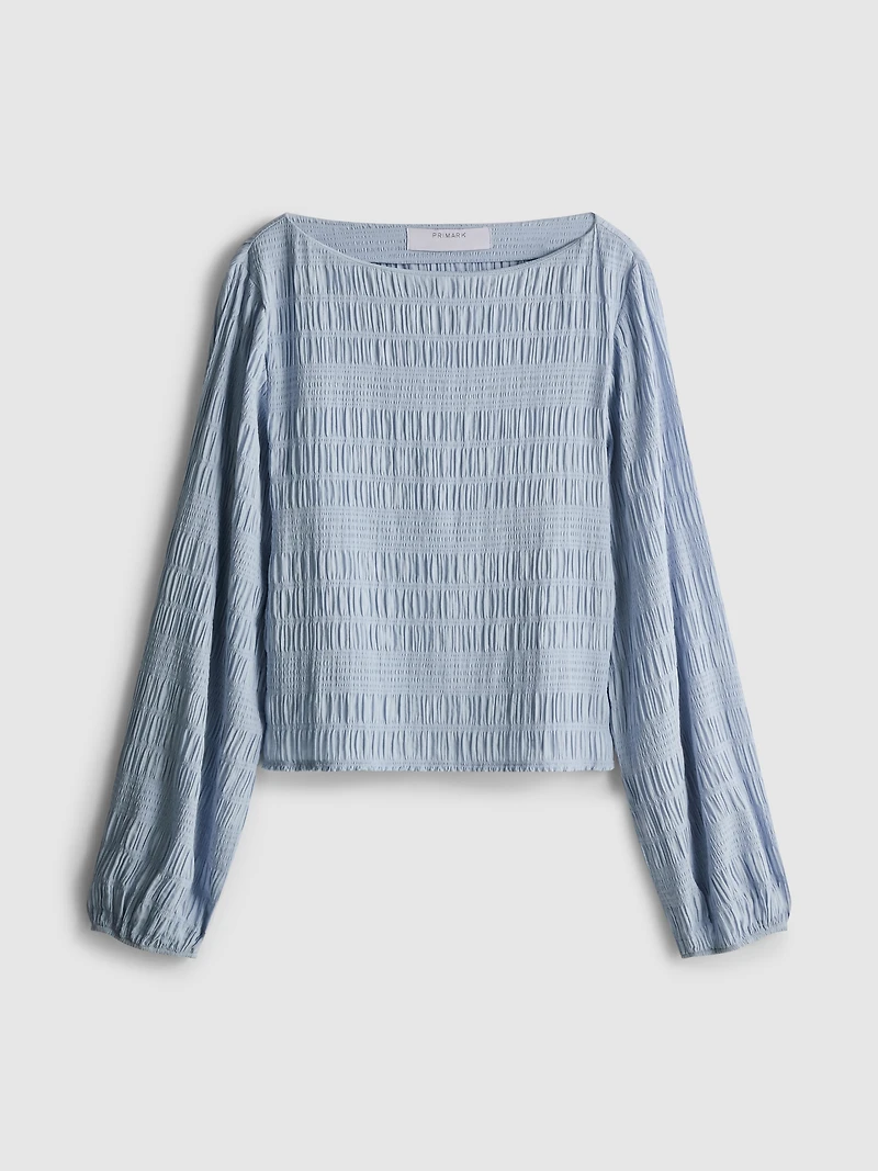 Shirred Boat Neck Long Sleeve Top