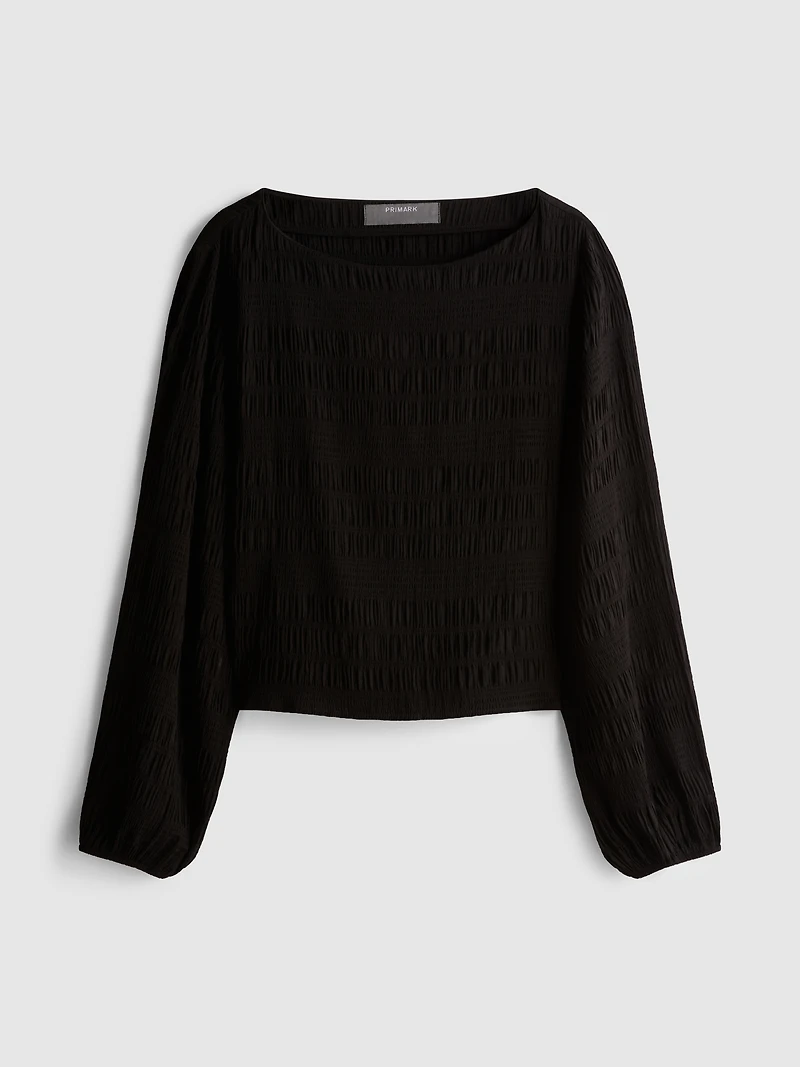 Shirred Boat Neck Long Sleeve Top
