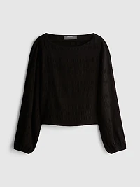 Shirred Boat Neck Long Sleeve Top