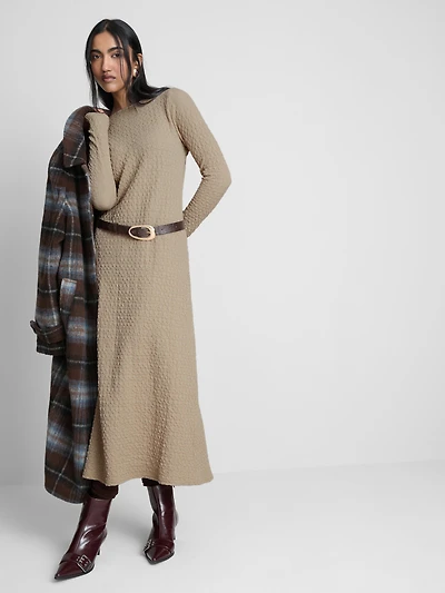Long-Sleeve Textured Midi Dress