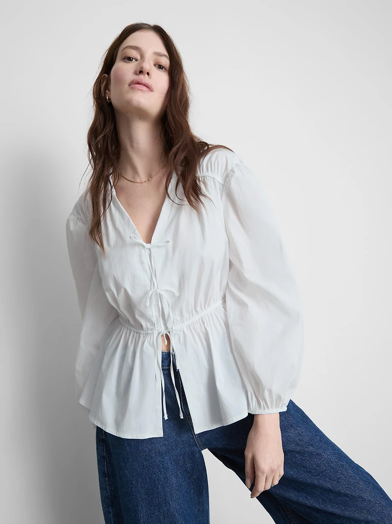 The Edit Tie Front Cotton-Blend Blouse