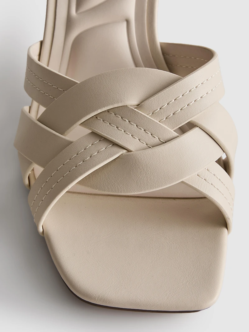 Faux Leather Weave Block Heel Mules