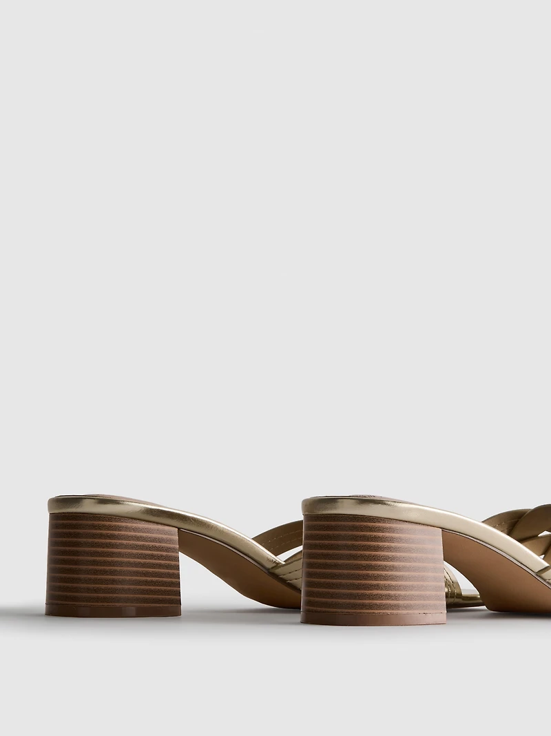 Faux Leather Weave Block Heel Mules