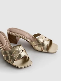 Faux Leather Weave Block Heel Mules