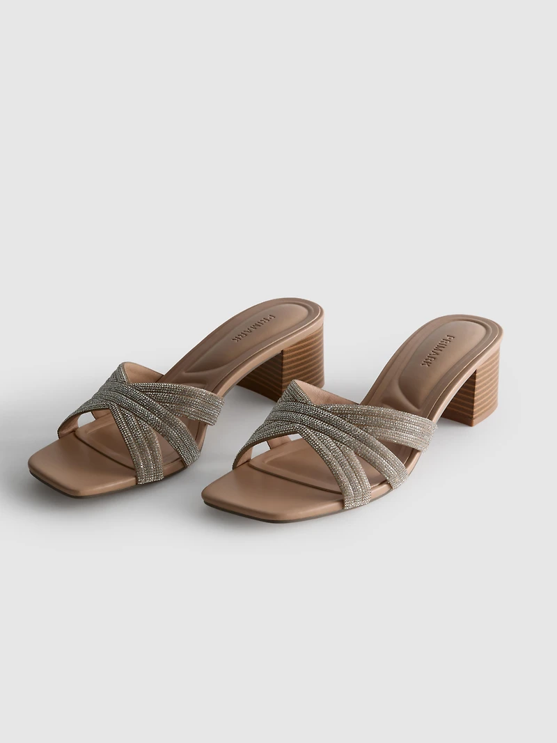 Embellished Cross-Strap Block-Heel Mules