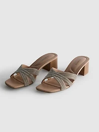 Embellished Cross-Strap Block-Heel Mules