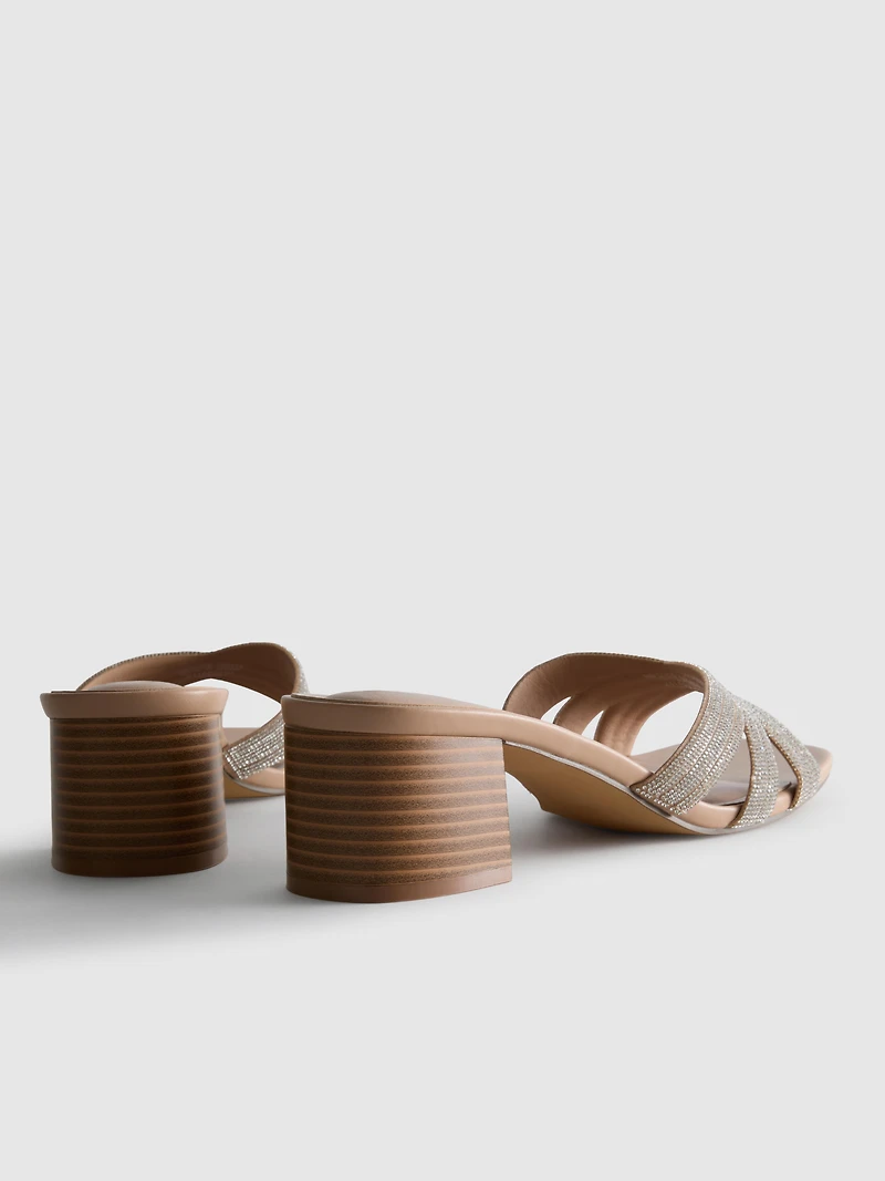 Embellished Cross-Strap Block-Heel Mules