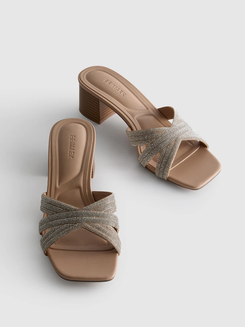Embellished Cross-Strap Block-Heel Mules