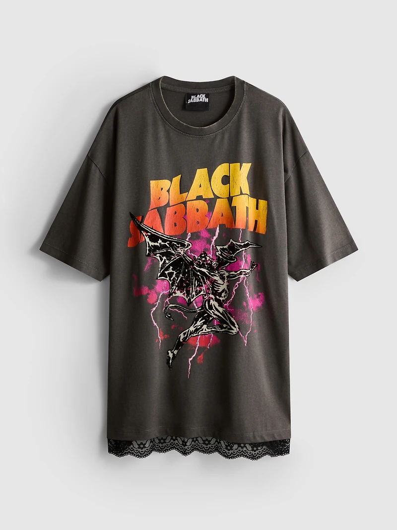 Oversized Black Sabbath Lace Trim Band Tee