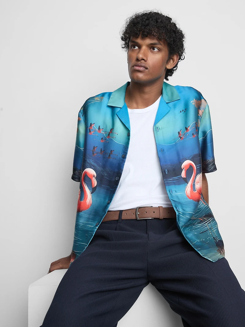 Flamingo-Print Short-Sleeve Button-Up Shirt