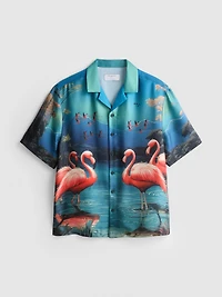 Flamingo-Print Short-Sleeve Button-Up Shirt