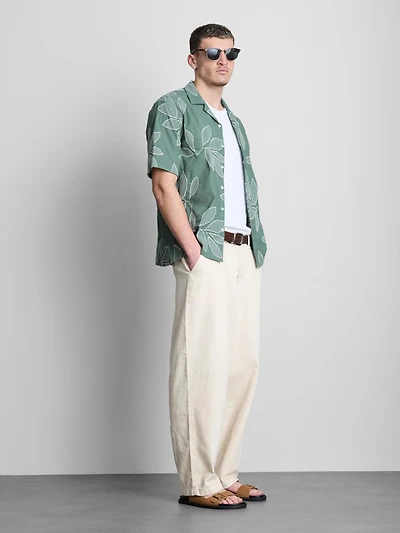 Leaf-Embroidered Short-Sleeve Button-Down Shirt