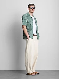 Leaf-Embroidered Short-Sleeve Button-Down Shirt