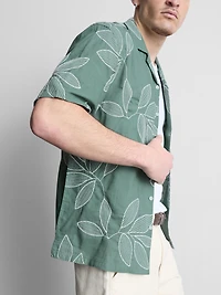 Leaf-Embroidered Short-Sleeve Button-Down Shirt