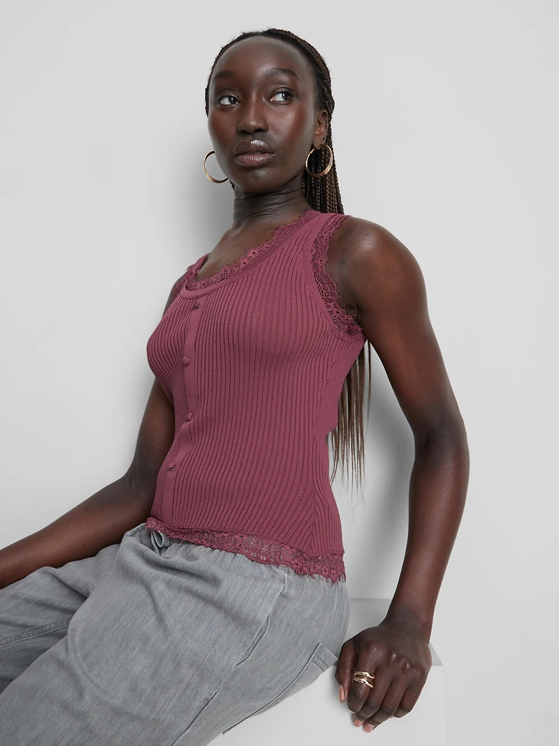 Lace Trim Ribbed Tank Top