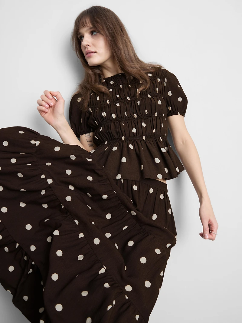 Spotted Shirred Crewneck Top