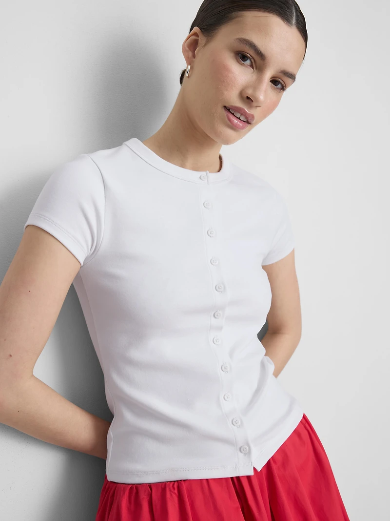 Cotton-Rich Ribbed Button-Through Top