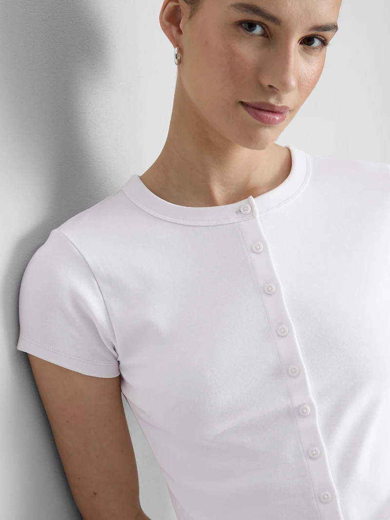 Cotton-Rich Ribbed Button-Through Top