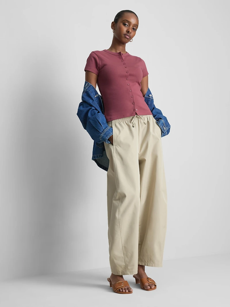 Cotton-Rich Ribbed Button-Through Top