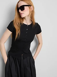 Cotton-Rich Ribbed Button-Through Top