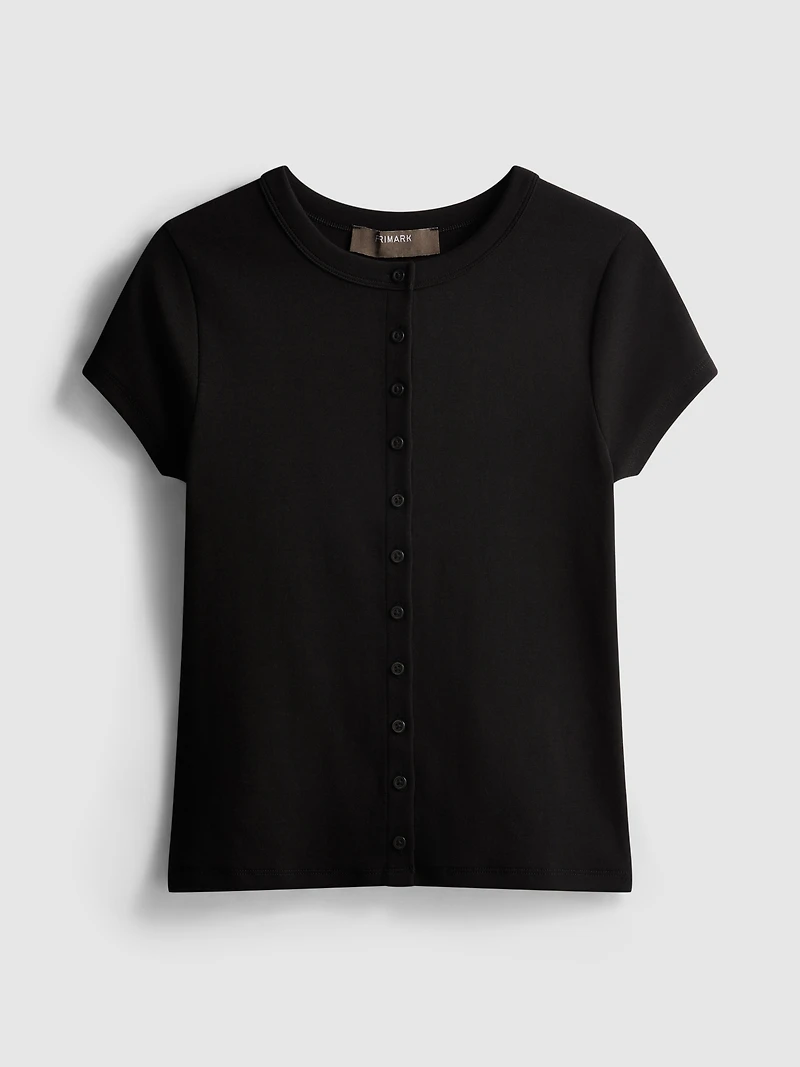 Cotton-Rich Ribbed Button-Through Top