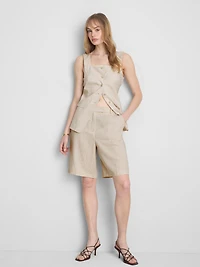 Linen-Blend Pleated Bermuda Shorts