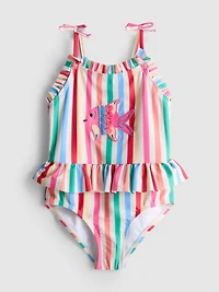 1.5-8yrs | Stripe Fish Appliqué Ruffle Swimsuit