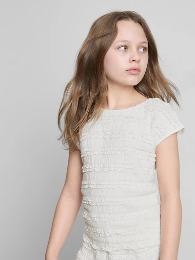7-15yrs | Lace-Trim Crinkle Cap-Sleeve Blouse