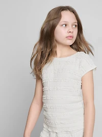 7-15yrs | Lace-Trim Crinkle Cap-Sleeve Blouse