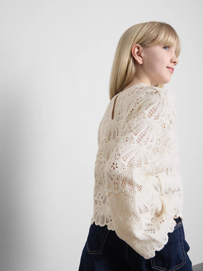 7-15yrs | Crochet Scallop-Trim Long-Sleeve Top