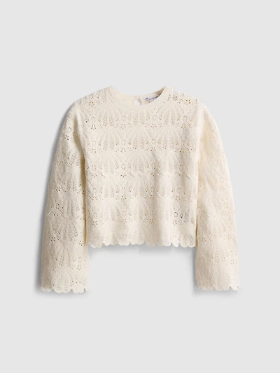 7-15yrs | Crochet Scallop-Trim Long-Sleeve Top