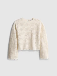 7-15yrs | Crochet Scallop-Trim Long-Sleeve Top