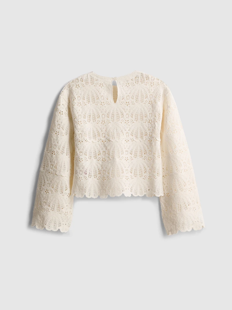 7-15yrs | Crochet Scallop-Trim Long-Sleeve Top