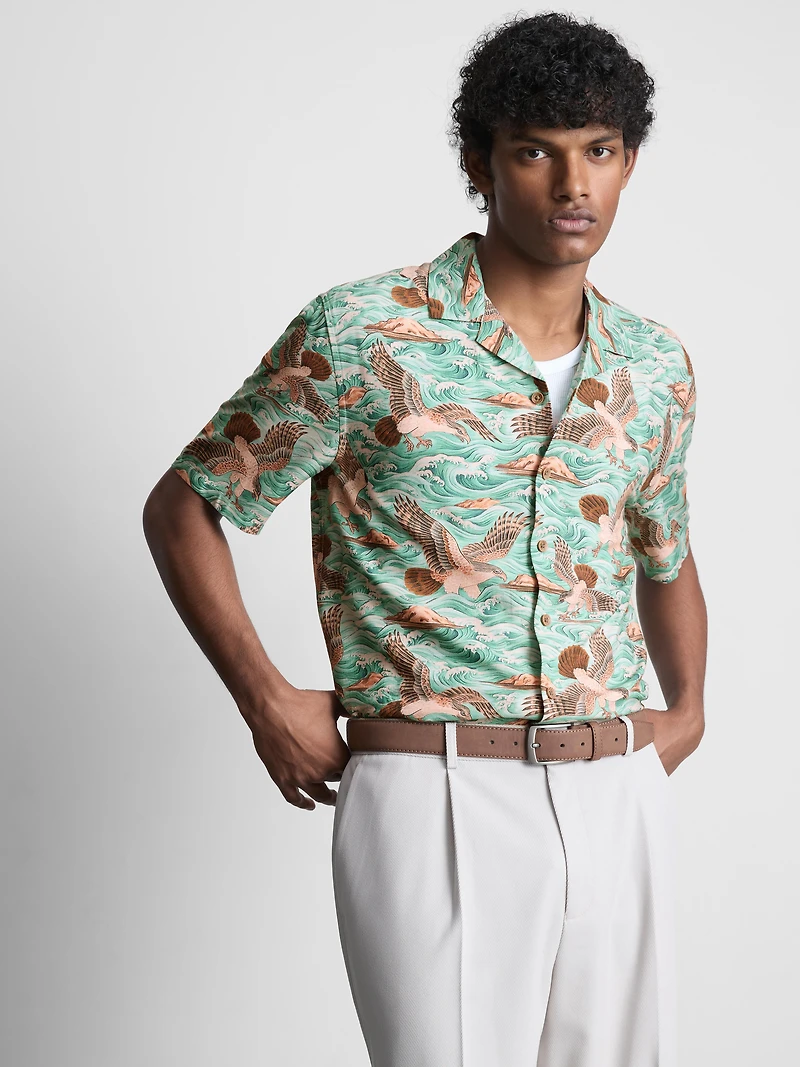 Bird-Print Short-Sleeve Button-Down Shirt