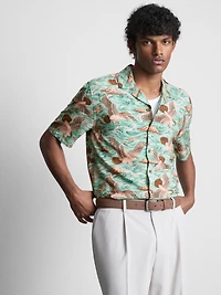 Bird-Print Short-Sleeve Button-Down Shirt