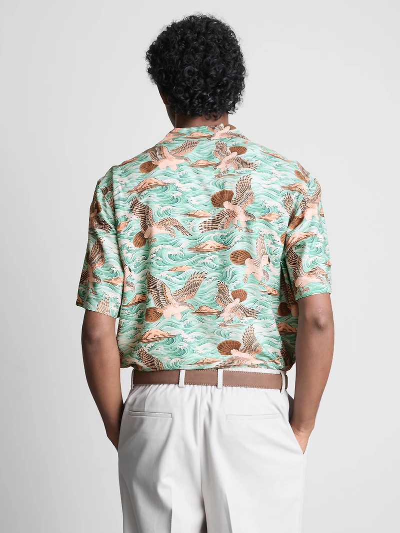 Bird-Print Short-Sleeve Button-Down Shirt